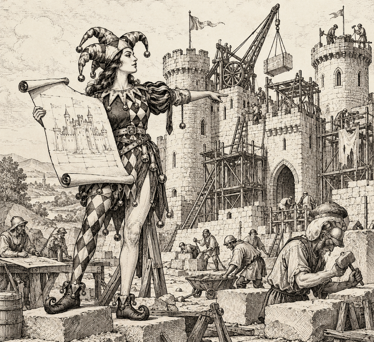 female medieval jester overseeing castle construction